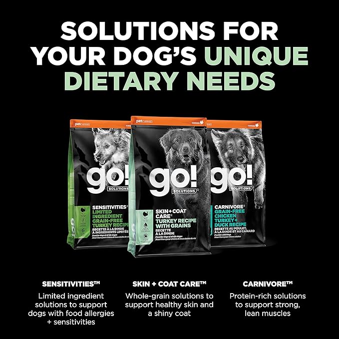 Go! Solutions Skin + Coat Care Turkey Dry Dog Food with Grains, Chicken-Free, Healthy Kibble with Omega-3s & 6s for Soft, Shiny Fur, for Puppies, Adults, & Seniors, 22 lb Bag