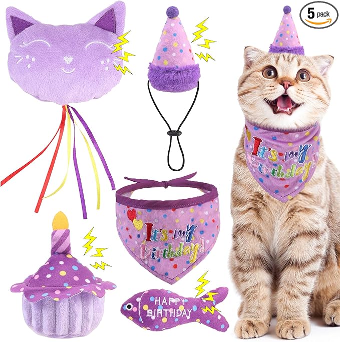 BINGPET Cat Birthday Catnip Toys for Indoor Cats, 5 Pcs Cat Birthday Gift Kitten Interactive Toys for Boy Girl Cats, Soft Plush Catmint Kitty Chew Kick Toy, Hat, Bandana, Balloon, Cake, Fish, Purple