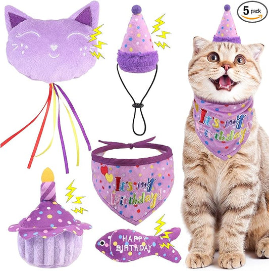 BINGPET Cat Birthday Catnip Toys for Indoor Cats, 5 Pcs Cat Birthday Gift Kitten Interactive Toys for Boy Girl Cats, Soft Plush Catmint Kitty Chew Kick Toy, Hat, Bandana, Balloon, Cake, Fish, Purple