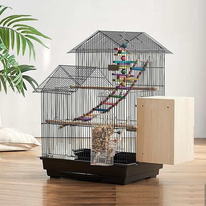Bird Travel Cage-Lightweight Small Birds Starter Kit with Birdcages and Accessories Great for Parakeets Birds Parrotlets Finches Canaries Removable Plastic Tray Include，Black