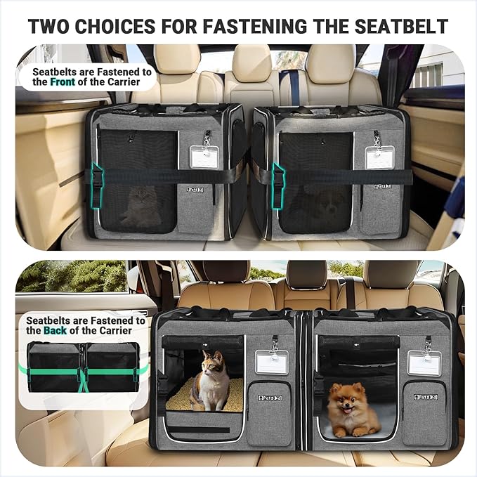Petskd 2 in 1 Double Cat Car Travel Carrier with Litter Box, 38"x17"x18" Portable Dual Extra Large Cat Carrier for Multiple Cats with Zipper Locks for Moving Across The Country(Grey)