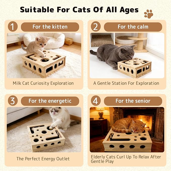 Cat Nail File Enrichment Box with Sandpaper 3 Balls, Multilayer Solid Wood Cat Scratch Puzzle Box Nail File, Interactive Cat Puzzle Toy for Indoor Cats, Alternative to Nail Clippers