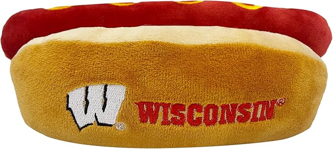 NCAA Wisconsin Badgers HOT Dog Plush Dog & CAT Squeak Toy- Cutest HOT-Dog Snack Plush Toy for Dogs & Cats with Inner Squeaker & Beautiful Football/Basketball Team Name/Logo
