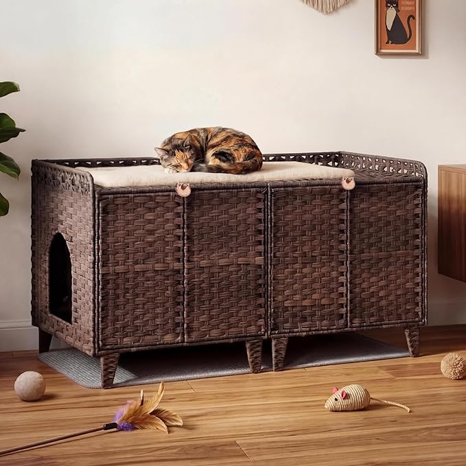 Double Litter Box Enclosure for 2 Cats - Rattan Hidden Cat Furniture with Litter Mat 2 Hooks & Doors, Large Cat House for 2 Litter Boxes, Easy Clean, 47.2" l x 19.7" w x 23.6" h Brown
