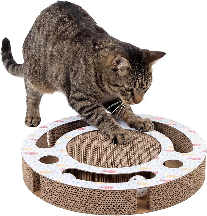 Kitty City Fish Corrugate Cat Scratcher with Ball Track Toy - Scratch Pad Lounger, Horizontal Corrugate Nail File Bed for Indoor Kittens, Kitty Enrichment & Play, 13” x 13”