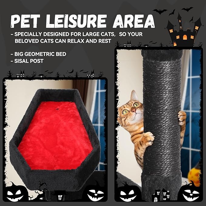 DWVO Gothic Halloween Cat Tree: 60in Tall Tower with Coffin Bed, Top Perch, Spacious Condos, Spider Playthings, Comfy Basket & Scratching Ladder for Indoor Large Cats Kittens, Black & Red