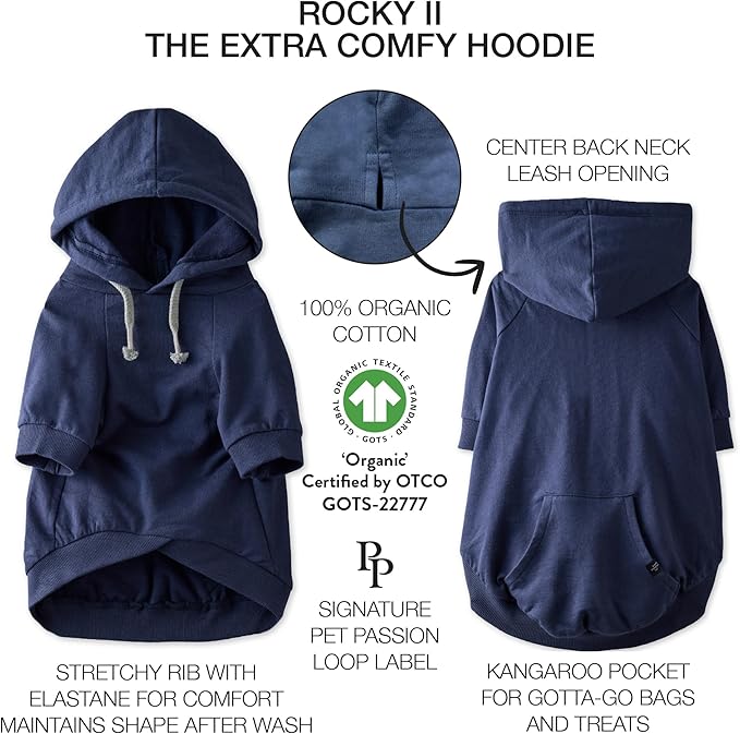 Pet Passion Rocky II - The Extra Comfy Hoodie, Organic Cotton and Recycled Poly Dog Hoodie Pet Coat Sweater for Small, Medium, Large Dogs, Navy, Small