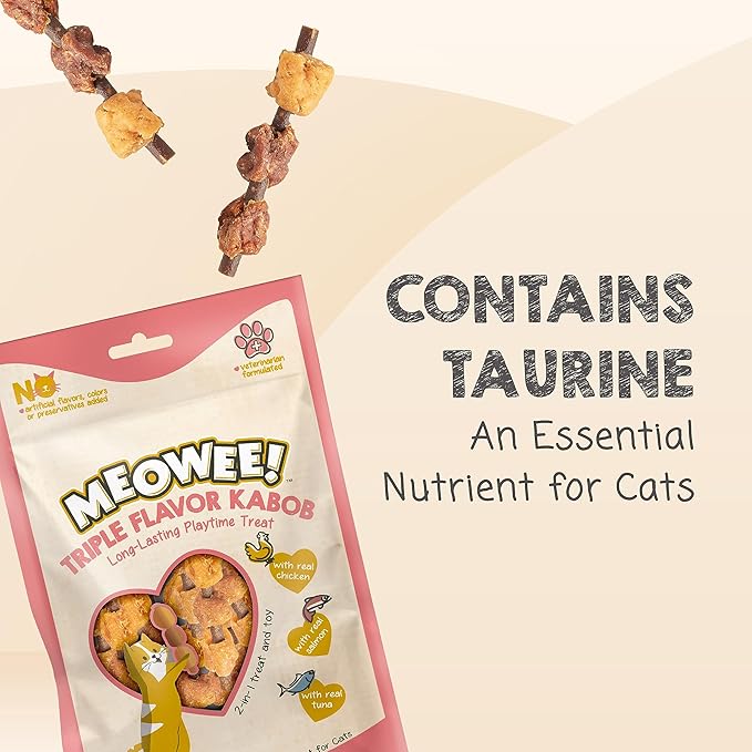 MEOWEE! Triple Flavor Kabobs Cat Treat, 2.4 Ounce Bag, Long-Lasting Playtime Treat for Cats Made with Real Chicken, Salmon & Tuna (Pack of 2)