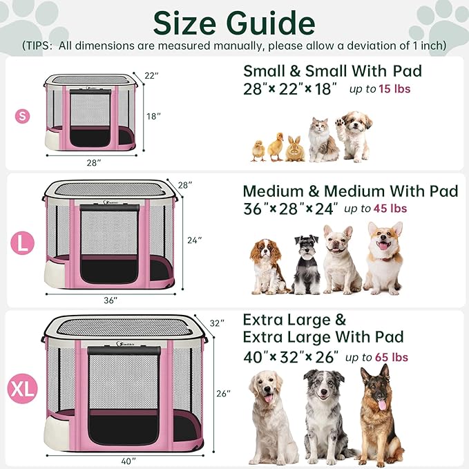 Siedihit Dog Cat Playpen Crate with Washable Pee Pad, Reinforced Durable Dog Cage, Portable Foldable Pet Kennel with Breathable Visibility (Pink, Small)