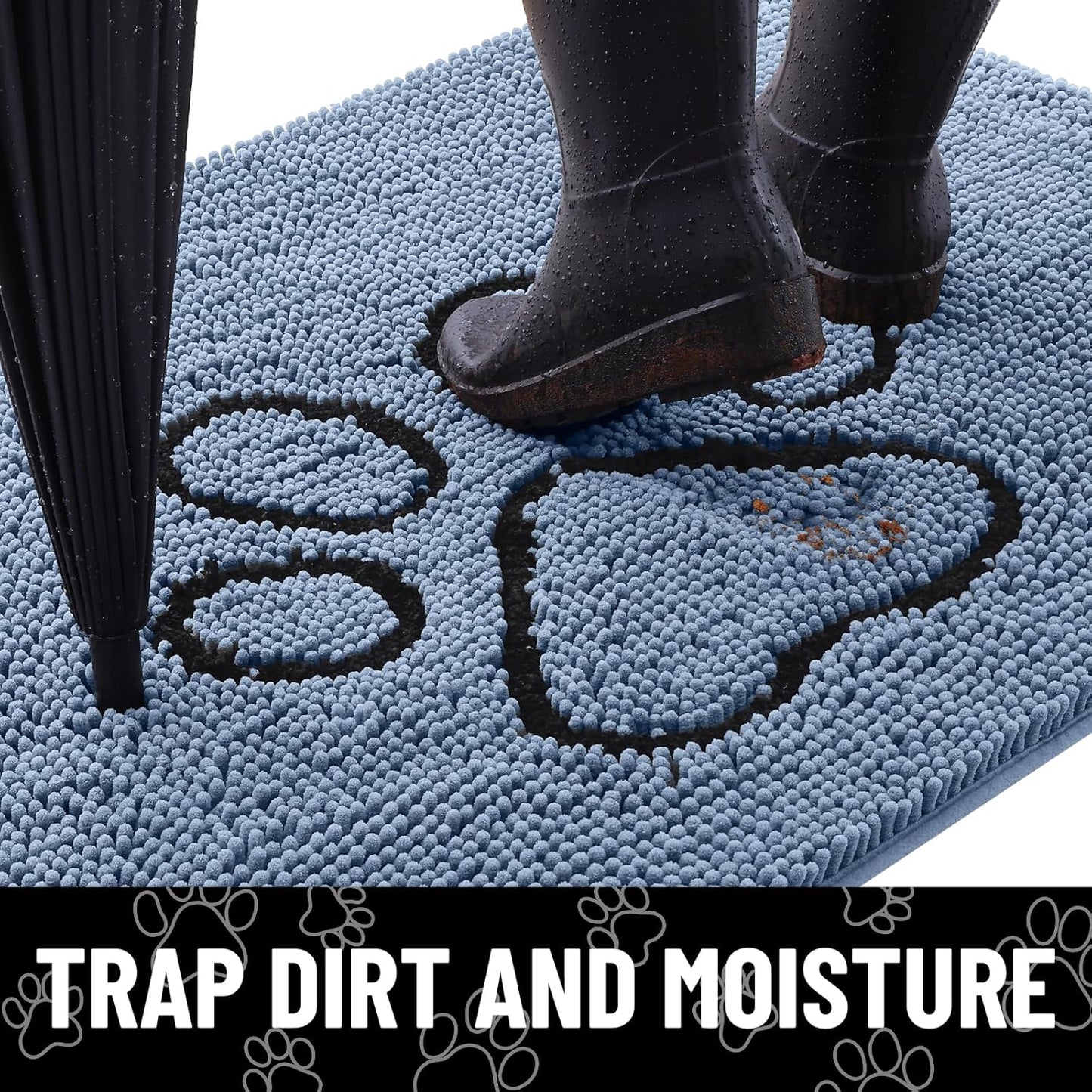 Smiry Dog Door Mat for Muddy Paws, Absorbent Dirt Trapper Non Slip Quick Dry Washable Chenille Mat for Mud Dogs, Entry Rug for Indoor and Outdoor (30x20 Inches, Airy Blue and Black)