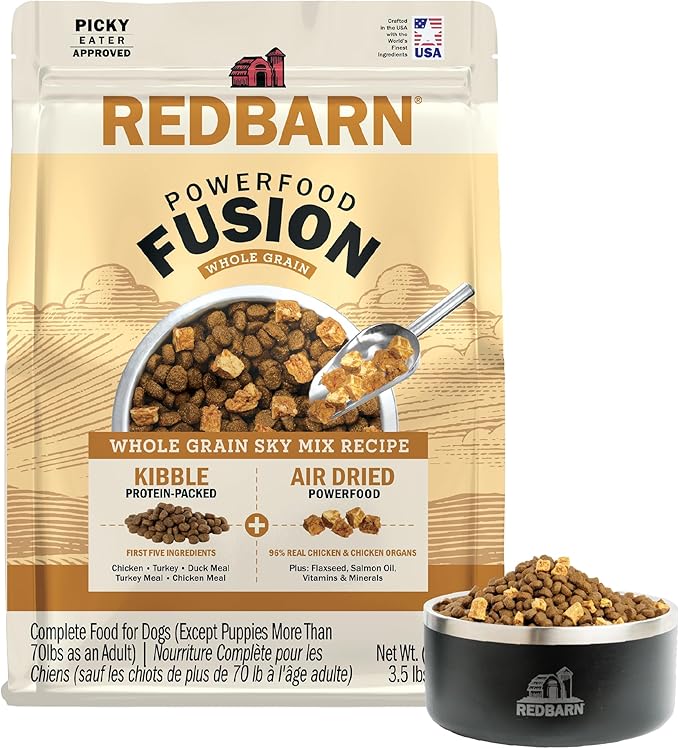 Redbarn Powerfood Fusion Air Dried Kibble Blend – Whole Grain Sky Chicken Recipe – Made in USA Dry Dog Food for All Lifestages with Superfoods, Prebiotics, Postbiotics - 3.5lb Bag