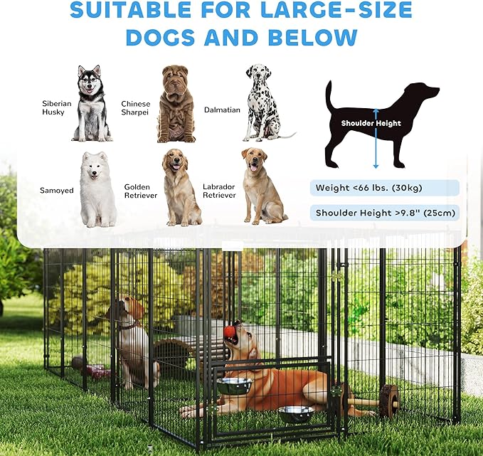 PawHut Dog Kennel Outside with 1 Room, Large Outdoor Dog Kennel Run w/Rotating & Adjustable Bowls, Waterproof & UV-Resistant Canopy, Welded Wire Pet Enclosure for Yard Garden, 11.3' x 4.7' x 5.1'