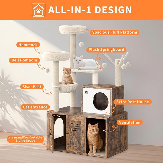 Furniture Style Cat Tree Tower & Hidden Litter Box Cabinet Combo – Multi-Level Cat House with Sisal Scratching Posts, Perch & Luxury Hammock