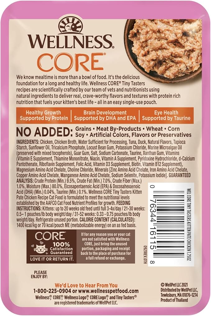 Wellness CORE Tiny Tasters Pate Kitten Wet Cat Food, Natural, Protein Rich, Grain Free, Chicken Recipe, 1.75 oz, Pack of 12 Pouches
