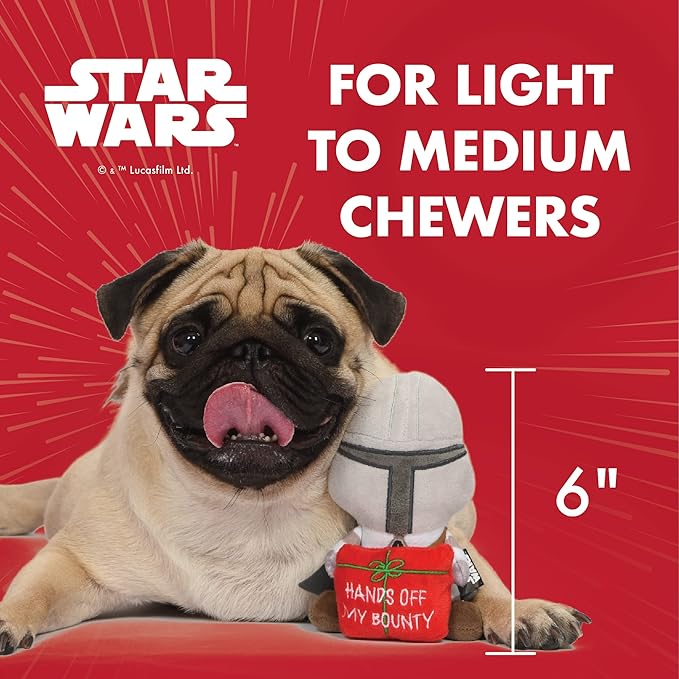 STAR WARS The Mandalorian Holiday Dog Toy | Hands Off My Bounty Mandalorian Squeaky Dog Toy Chew Toy | Plush Toy for Dogs | Small Dog Toy, 6 Inch, (FF19323)