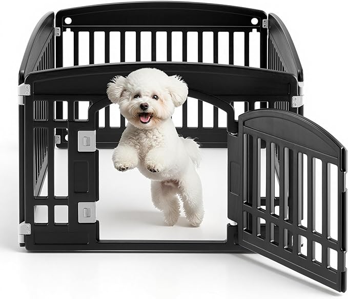 24" Plastic Dog Playpen 4-Panel Durable Pet Playpen for Puppies & Small/Medium Dogs, Portable & Foldable Pet Fence with Secure Locking Door, Black