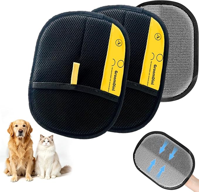Large Pet Hair Removal Glove 2 Pack – Electrostatic Reusable Pet Hair Remover Glove for Dogs & Cats, Soft for Pet Grooming, Pet Hair Remover Tool for Bed, Sofa, Carpet, Car Seat (Black)