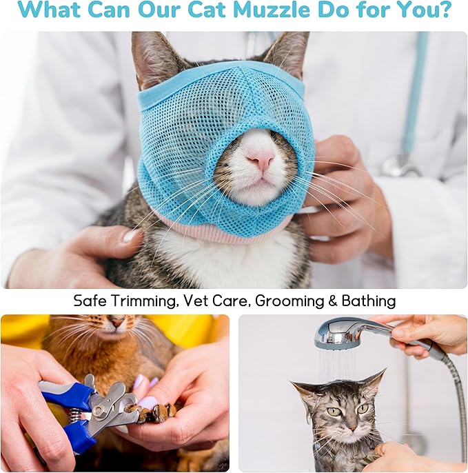 PUMYPOREITY 2 Pack Cat Calming Muzzle, Soft Breathable Mesh Cat Head Cover with Adjustable Strap, Calming & Anti-Bite Design for Grooming, Nail Trimming, Bathing and Vet Visits, Small, Blue