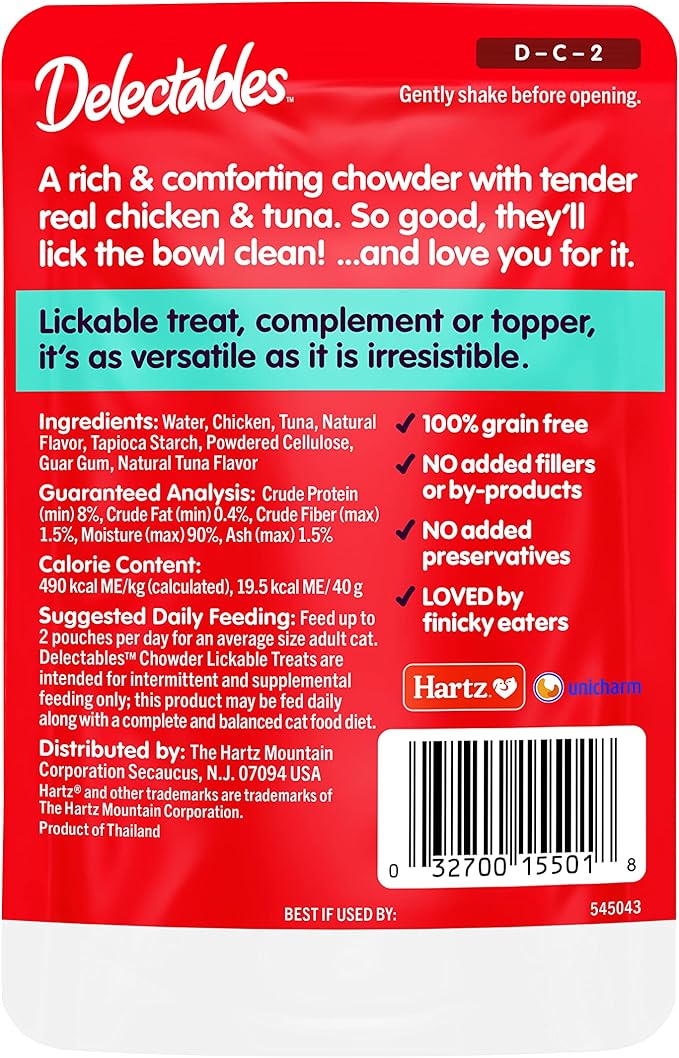 Delectables Hartz Chowder Lickable Wet Cat Treats for Kitten,Adult & Senior Cats,Chicken & Tuna,1.4 Ounce,(Pack of 24)