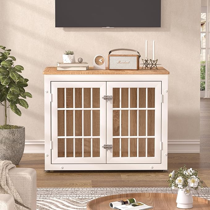 rehomerance 32" Heavy Duty Dog Crate Furniture for Small and Medium Dogs, Metal Kennel for High Anxiety Dogs, Chew Proof Pet Cage Indoor, Decorative Dog Kennel End Table, White