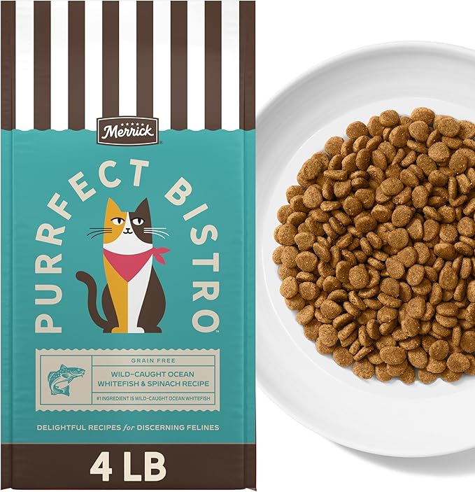 Merrick Purrfect Bistro Grain Free Wild-Caught Ocean Whitefish and Spinach Recipe Natural Dry Cat Food for Adult Cats, High Protein, Outdoor or Indoor Cat Food - 4 lb. Bag