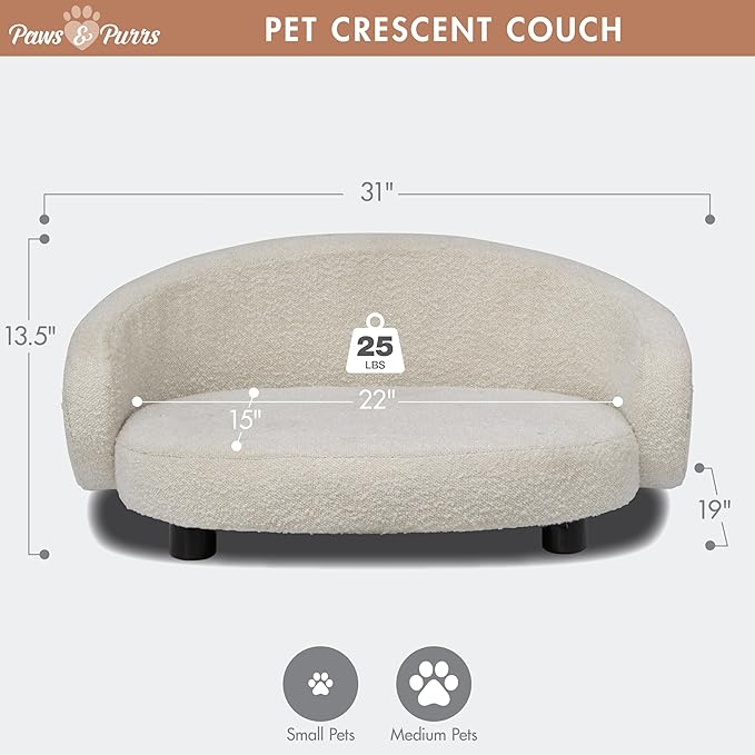 Paws & Purrs Arc Crescent Back Sofa Style Pet Bed, Dog & Cat Modern Couch with Tufted Cushion & Armrest, Stylish Indoor Pet Furniture, Boucle Ivory