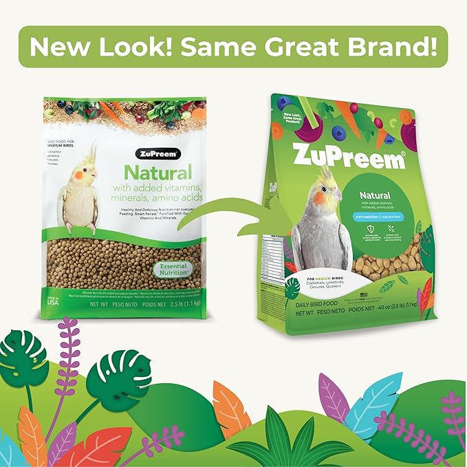 ZuPreem Natural Cockatiel Pellets - Natural Bird Food for Cockatiels, Medium Bird Pellet Diet for Quakers, Lovebirds, Small Conures, 2.5 lb (Pack of 2)