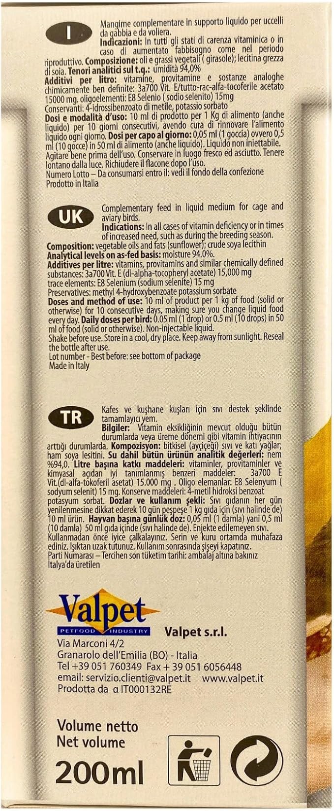 Raff Liquid Vitamin-E Supplement for Birds, Sunflower Oils and Fats, Raw Soy Lecithin, Vitamin for Bird, Accessories for Pigeons, Food for Canary, Fertility for Birds, Finch, breeding Bird.200ml