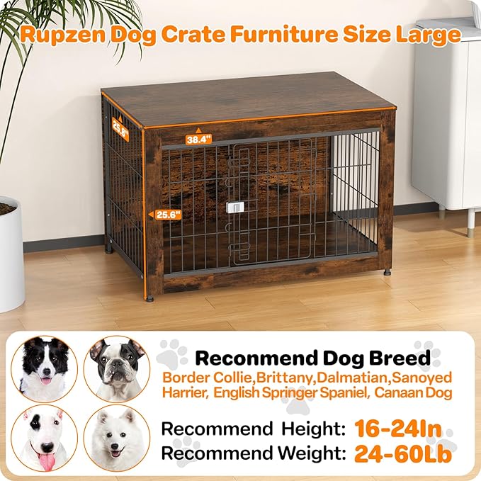 Escape Proof Decorative Dog Crate Furniture with Wooden Top, 38in Furniture Style End Table and Secure Indoor Kennel, Anti Anxiety for All Breeds, Aged Black