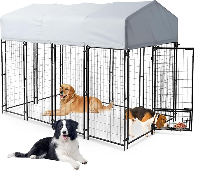 8x4x6 FT Outdoor Dog Kennels for Large Dogs, Heavy Duty Welded Wire Steel Outside Dog Kennel with Roof, Dog Pens with 2 Rotating Dog Bowls, Dog Playpen Fence with Secure Lock for Backyard