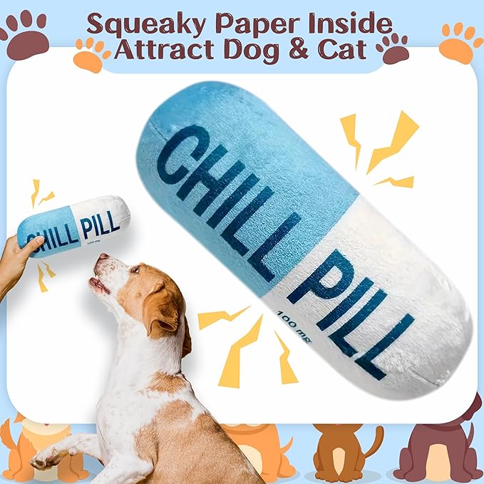 CUweipeng Squeaky Dog Chew Toy - Blue Chill Pill Capsule Teething Funny Small Dog Squeaky Soft Plush Pet Toy Bite Kick Indoor Interactive Training Play Present Pet Lover Gift Photo Prop Keep Them Busy