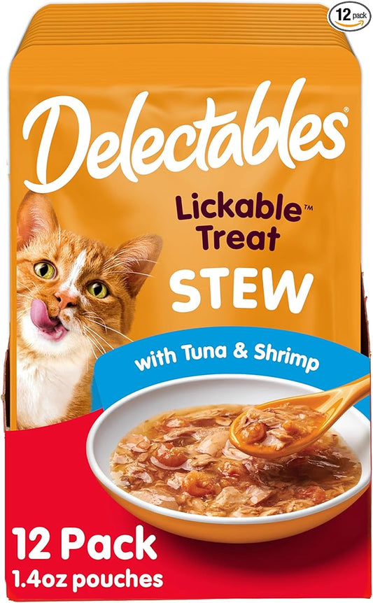 Delectables Lickable Treat Stew Wet Cat Treat with Real Tuna & Shrimp, Food Topper, Hydrating, Grain-Free, No Fillers, No By-Products, No Added Preservatives, 1.4oz Pouch, 12ct