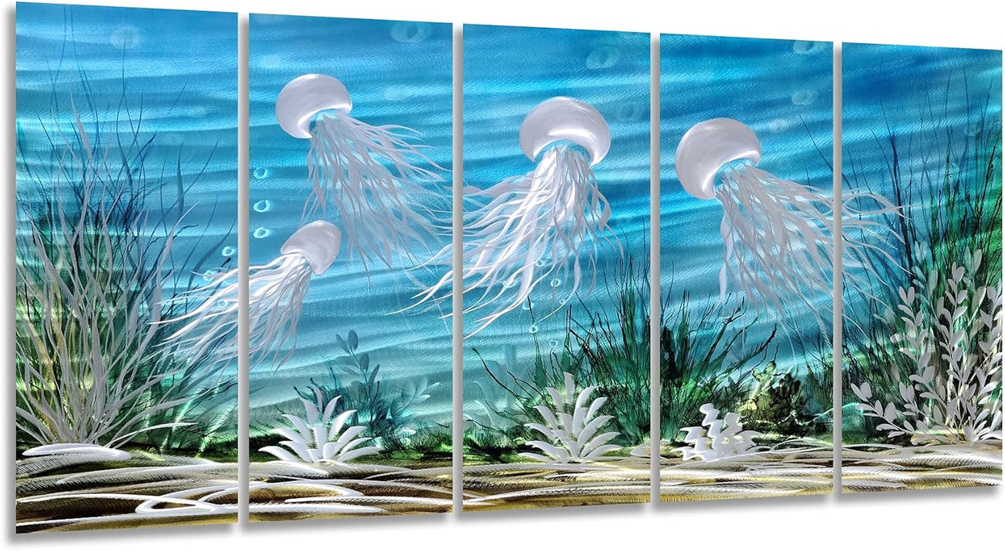 SYGALLERIER Coastal Metal Wall Art Handcrafted 3D Jelly Fish Aluminum Artwork Modern Sea World Pictures Contemporary Abstract Sculpture for Living Room Bedroom Bathroom Decor