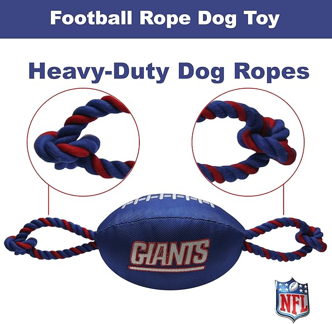 Pets First NFL New York Giants Football Dog Toy, Tough Quality Nylon Materials, Strong Pull Ropes, Inner Squeaker, NFL Team Color