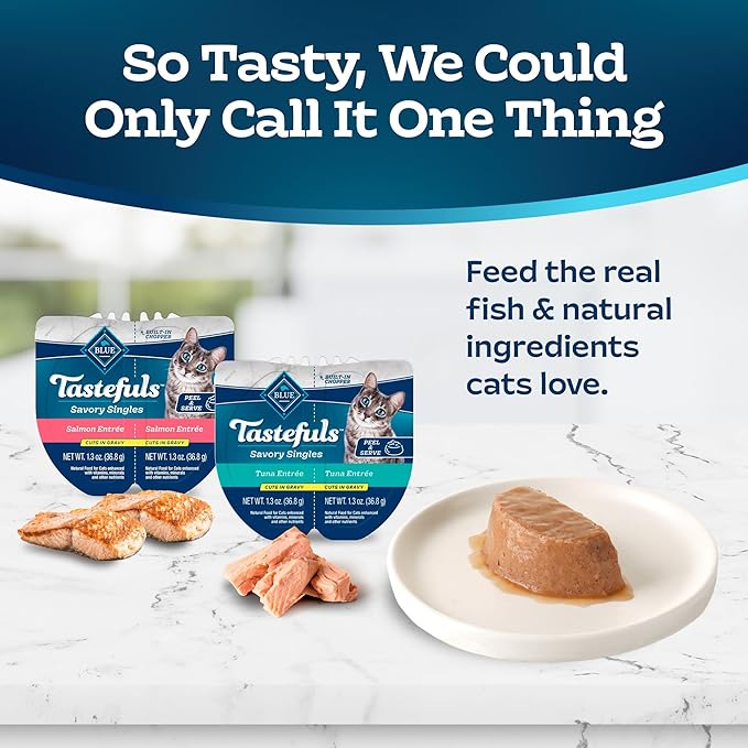 Blue Buffalo Tastefuls Savory Singles Natural Wet Cat Food Variety Pack, Salmon & Tuna Cuts in Gravy, 2.6-oz. Twin-Pack Trays (24 Count, 12 of Each)