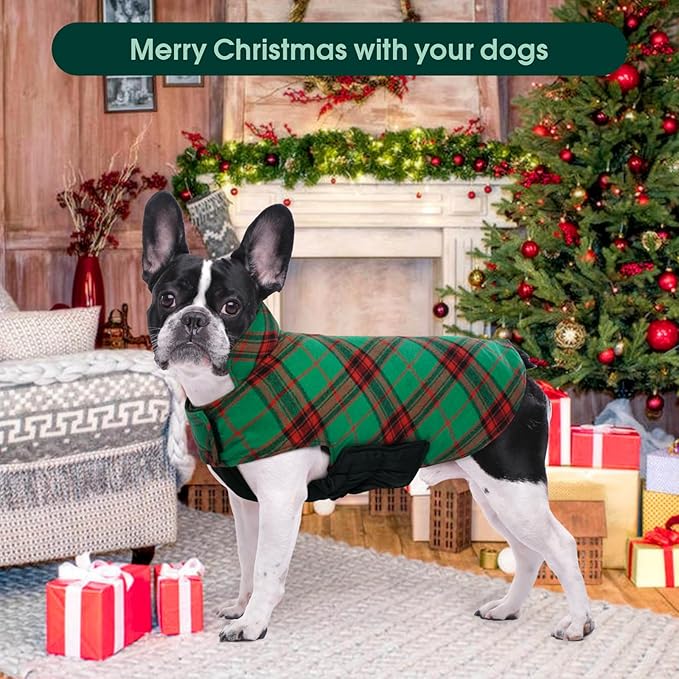 Kuoser Warm Dog Coat, Waterproof Dog Jacket for Extra Large Dogs, Adjustable Durable XXXL Doggie Winter Coat Reversible Puppy Cold Weather Apparel for Large Breed, Christmas Green 3XL