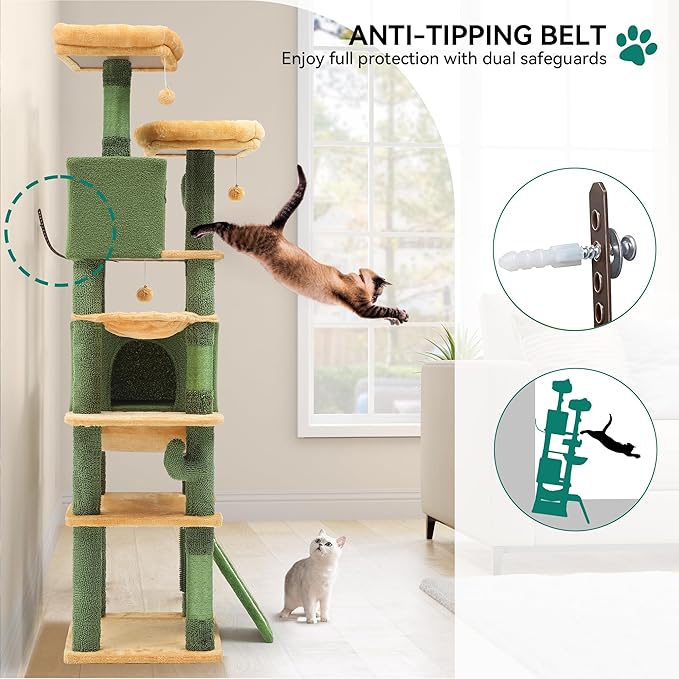 YITAHOME 193 cm Tall Cactus Cat Tower for Large Cats,76 inch Heavy Duty Cat Tree for Indoor Large Adult Big Cats Maine Coon Cat Tree Tower with Scratching Post, Hammock, Cat Condo, Cactus Green