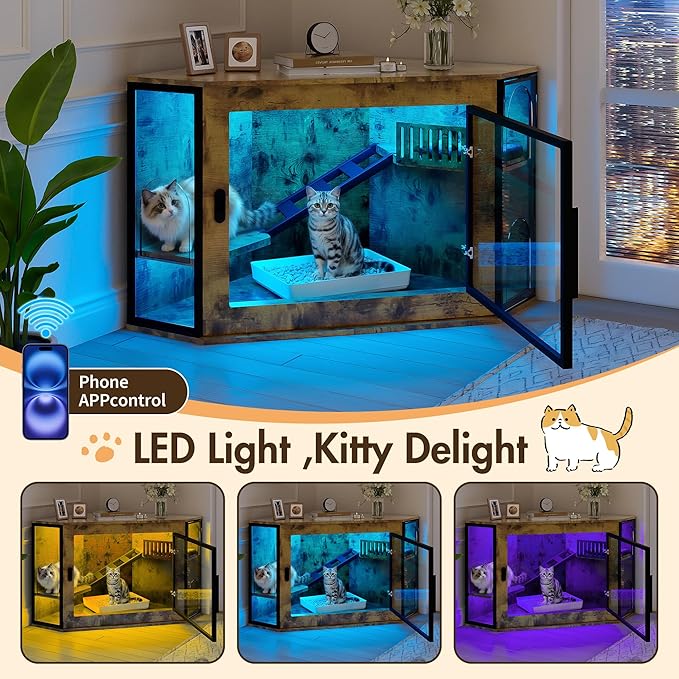 48" Corner Cat Litter Box Enclosure, Modern Hidden Cat Cabinet with Acrylic Door, LED Light & Playground, Multi-Level Cats House with Stairs, Corner Furniture for Small Apartments, Brown