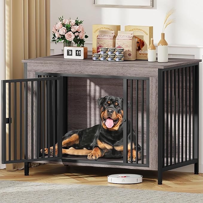 EasyCom Dog Crate Furniture for 1 or 2 Dogs, Heavy Duty Single/Double Dog Crates for Small/Medium/Large Dogs, Dog Kennel Furniture Indoor as TV Stand, Extra Large Size 47.24" L(65-92 Pounds), Oak Grey