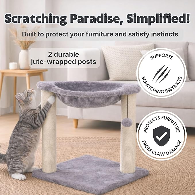 Trixie Baza Cat Scratching Posts, Indoor Cat Furniture with Plush Hammock, Jute Scratcher Posts and Dangling Toy Ball, 15.7" L x 15.7" W x 19.7" H, Gray