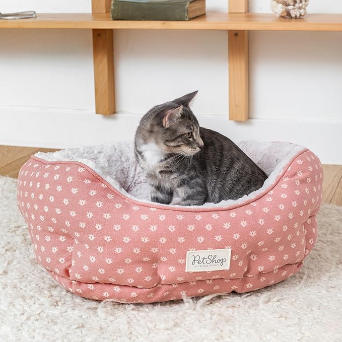 Fringe Studio Ditsy Block Dark Bush 20" W x 19" D x 8" H Small Round Cuddler Cat/Pet Bed 100% Cotton Canvas Exterior w/Faux Fur Interior, Machine Washable, PetShop Collection (203017)