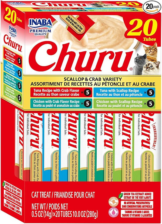 INABA Churu Cat Treats, Lickable, Squeezable Creamy Purée Cat Treat with Green Tea Extract & Taurine, 0.5oz. Each Tube, 20 Tubes, Scallop & Crab Variety