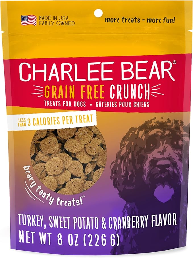 Charlee Bear Crunch Grain Free Dog Treats, Turkey, Sweet Potato and Cranberry, 8 Ounce Resealable Bag, Low Calorie Training Treats for Dogs, Limited Ingredient, Crunchy Dog Snacks, Made in USA
