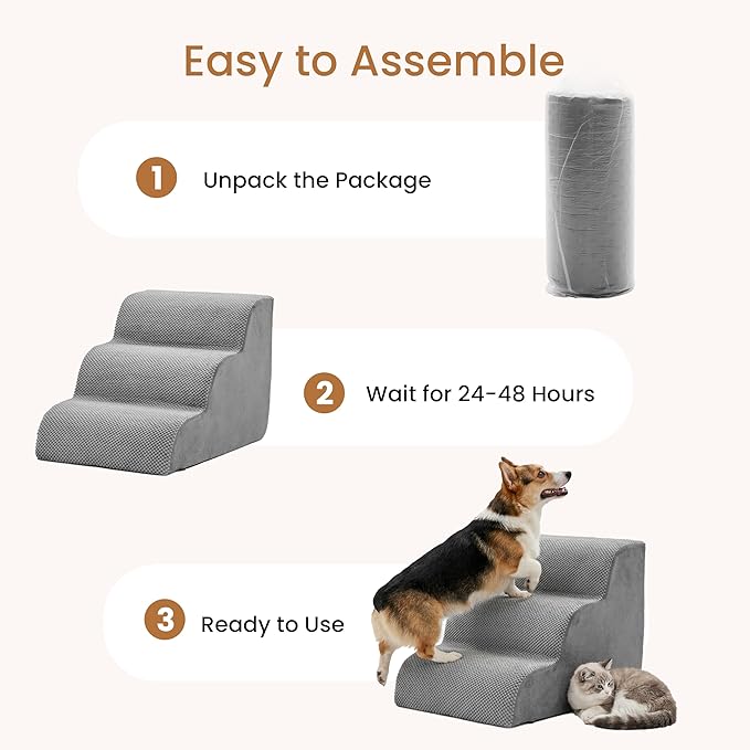 HealSmart Dog Stairs for Small Dogs, 3-Step Curved Design Pet Steps for Puppies & Senior Cats, High-Density Foam Indoor Non-Slip Ladder, Perfect for Sofa Couch and Chair Furniture Access, Gray