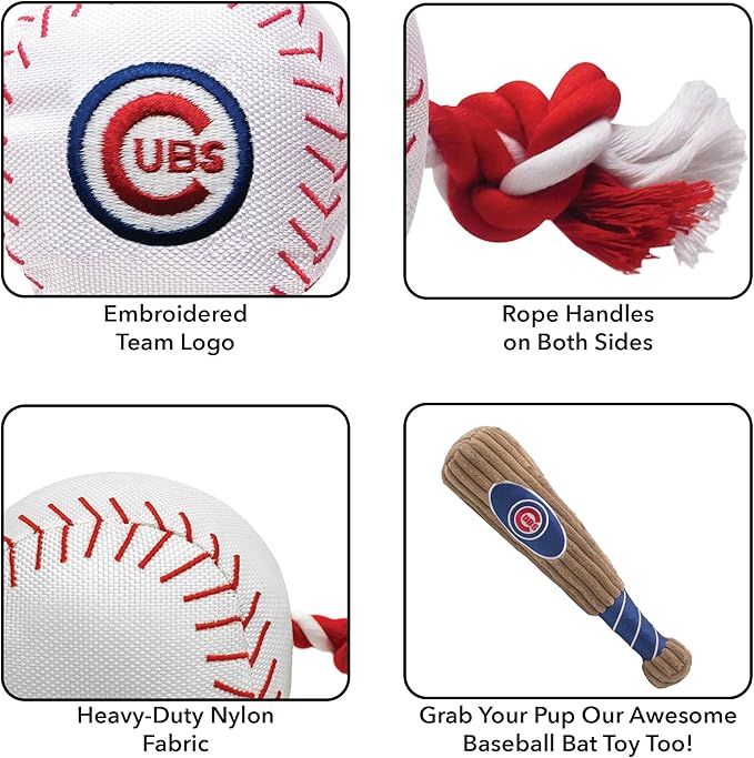 MLB CHICAGO CUBS Baseball Rope Toy for DOGS & CATS. Tough nylon, Sporty Baseball Design, Heavy-duty ropes with Inner SQUEAKER