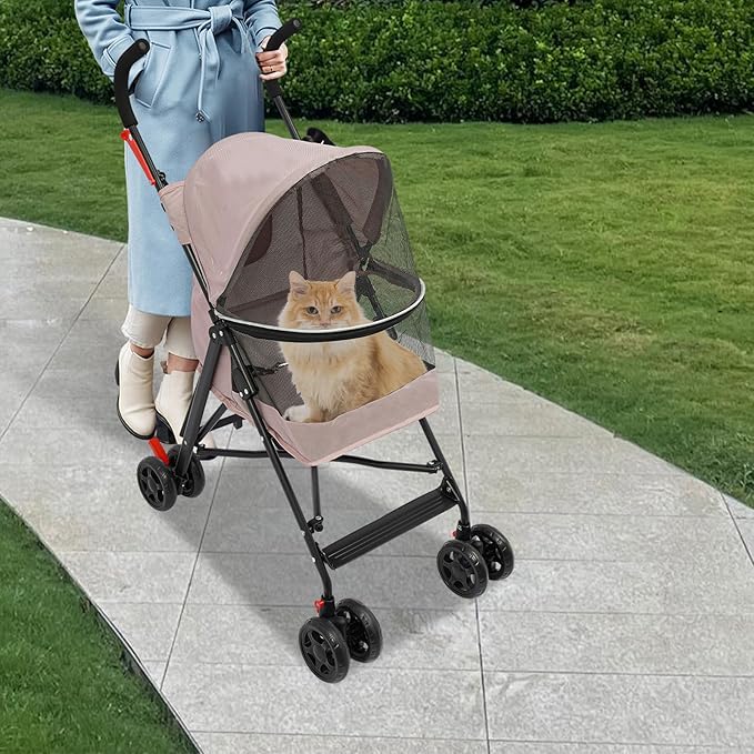 4-Wheel Pet Travel Stroller, Foldable & Lightweight Dog Cat Cage Jogger Stroller, Breathable and Visible Mesh for Small & Medium Dogs & Cats (Up to 22lbs) (Pink)