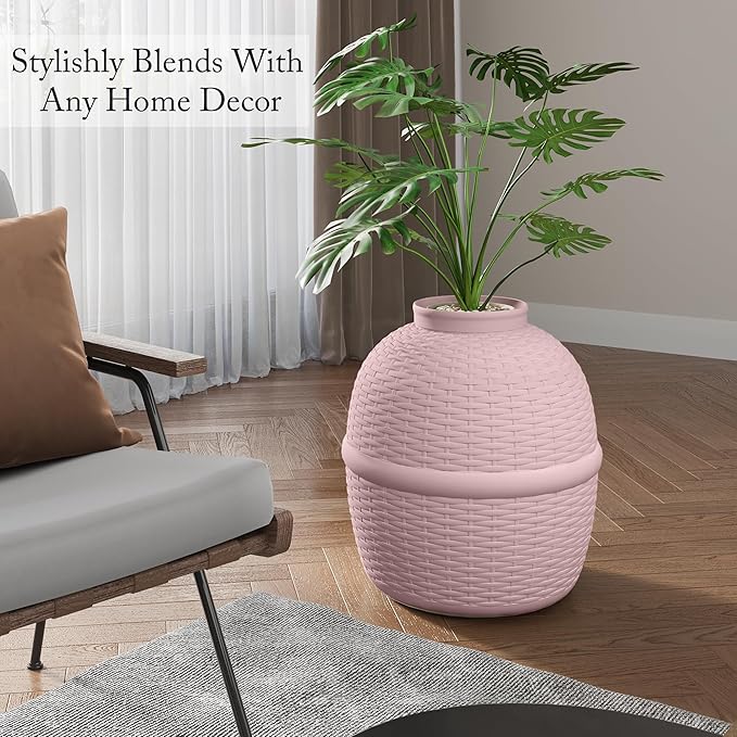 FansaFurn Large Cat Litter Box, Hidden Litter Box with Faux Plant, Heavy Duty Litterbox Enclosure Furniture with Rattan Pattern, PP Cat Box Enclosure Furniture for Living Room, Bedroom, Pink