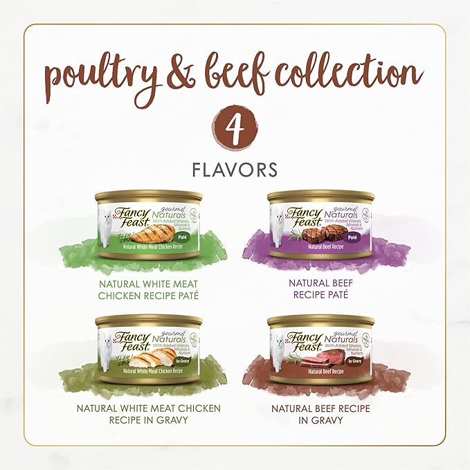 Fancy Feast Purina Wet Cat Food Variety Pack Gourmet Naturals Poultry and Beef Collection - 3 oz. Cans,(Pack of 60)