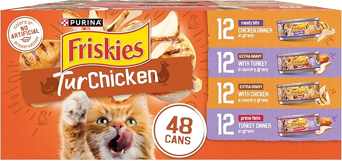 Purina Friskies TurChicken Turkey and Chicken Wet Cat Food Variety Pack with Meaty Bits, Prime Filets, and Extra Gravy, 48 ct.