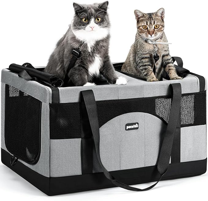 Pecute Dual Compartment Pet Carrier for Multi-Cat Families & Small Dog Owners, Collapsible Dog Crate with Reinforced Steel Frame, Car Safety Design for Travel, Vet Visits & Home Use, Gray